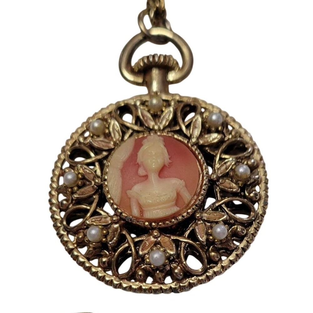 Vintage CAMEO Young Girl Filigree Pendant Faux Pearl Triple Strand Necklace 22"‎